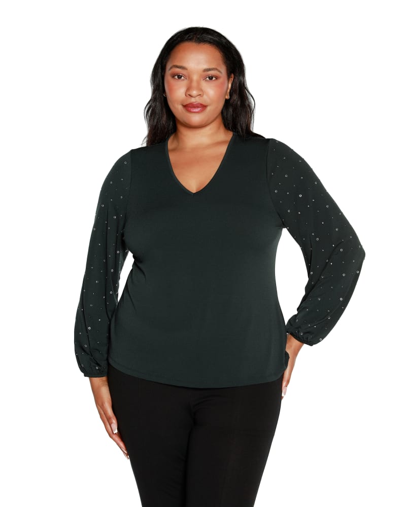 Front of a model wearing a size 1X Plus Size Embellished Blouson Sleeve Top in Dark Forest by Belldini Black Label. | dia_product_style_image_id:319088